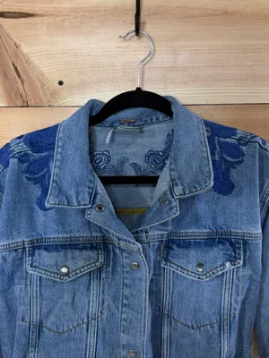 Free People Light Blue Denim Jacket with Blue Floral Embroidery thumbnail 6