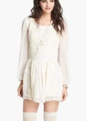 Free People Leigh Ivory Chiffon Lace Bohemian Dress Long Sleeve W-599 Sz S thumbnail 1