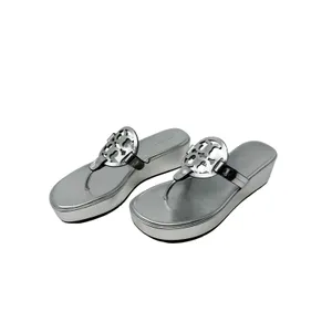 Tory Burch Miller Silver Metallic Leather Platform Wedge Sandals Logo Thong 7 thumbnail 4