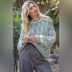POL Two-Tone Woven Mock Neck Sweater Multi Green & White thumbnail 9
