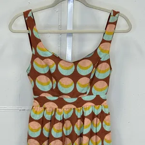 Judith March Brown Geometric Crescent Print Linen Blend Cutout Tie Back Dress S thumbnail 3