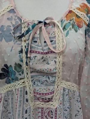 New Direction Boho Floral Sheer Blouse Medium Swiss Dot Lace Peasant Top thumbnail 6