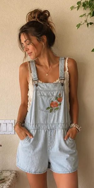 POL Light Wash Denim Short Overalls with Rose Embroidery thumbnail 1