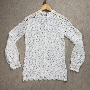 White Crochet Lace Long Sleeve Blouse High Neck Floral‎ Boho Top XS Boho Cottage thumbnail 5