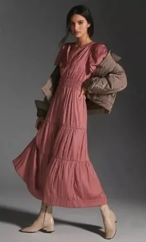 ANTHROPOLOGIE Somerset Satin Maxi Dress Rose Pink Mauve X-Small Petite XSP thumbnail 1