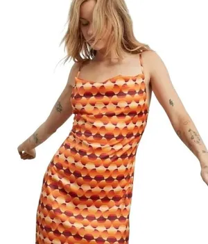 Urban Outfitters Retro Geometric Print Cowl Neck Slip Mini Dress‎ Orange Yellow thumbnail 1