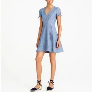 J. Crew Chambray Dress Womens‎ 2 Blue V-Neck Short Sleeve Tie Detail Casual Mini thumbnail 7