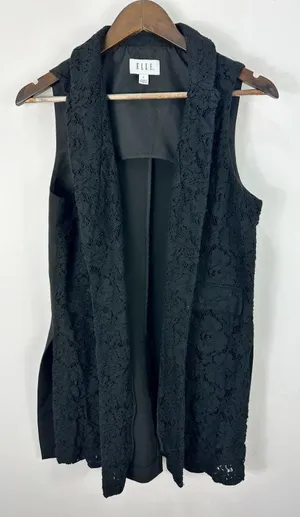 Elle Womens‎ Small Black Lace Longline Vest Open Front Sleeveless Layering Boho thumbnail 1