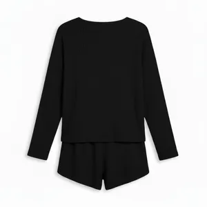 Fantaslook Womens Pajama Set Size L Black Waffle Knit Loungewear Top and Shorts thumbnail 2