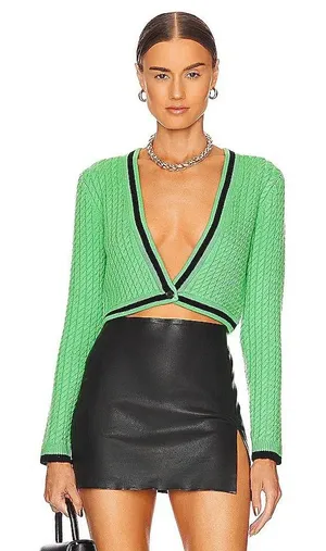 Alice + Olivia Jenae Cable Knit Cardigan S Preppy Twee Crop Green Wool Sweater thumbnail 1