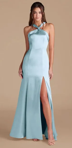 Azazie Rue Sky Blue Mermaid Pleated Metallic Satin Dress A6 Size 6 New with Tags thumbnail 1