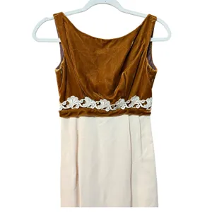 Vintage 60s Bronze Velvet‎ Lace Trim Empire Waist Maxi Dress Cream Column thumbnail 9