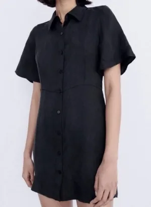 Zara Black Short Sleeve Button Down Collared Mini Shirt Dress Size Medium thumbnail 1