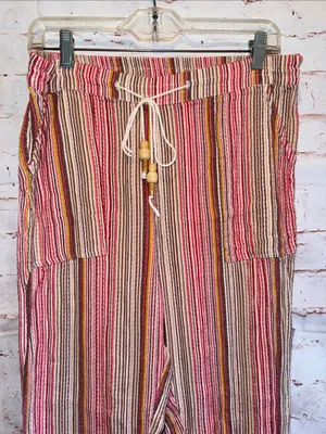 Sundance Pink Tan Stripe elastic Waist Bakari Beachy Pants Roll Tab Hem S pocket thumbnail 2