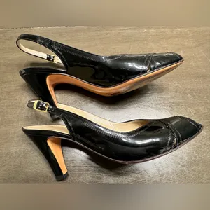 Salvatore Ferragamo Black Patent Leather Sling Back Open Toe Heels Size 8 AA thumbnail 8