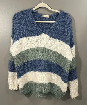Altar'd State Sweater Womens S/M Blue Striped Great Popcorn Eyelash Knit C9300 thumbnail 1