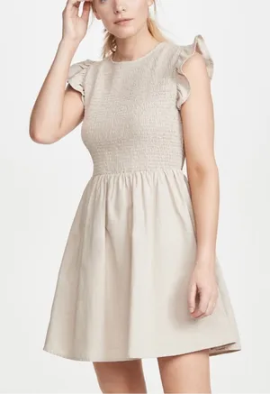 English Factory Beige Smocked Ruffle Sleeve Dress thumbnail 1