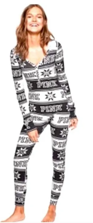 Victoria's Secret Pink Thermal Onesie Snowflake Pajamas Size M thumbnail 1