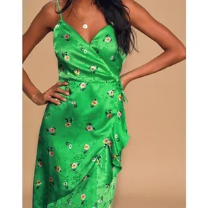 Lulu’s Chic Style Green Floral Jacquard Satin High-Low Midi Wrap Dress Sz. S thumbnail 2