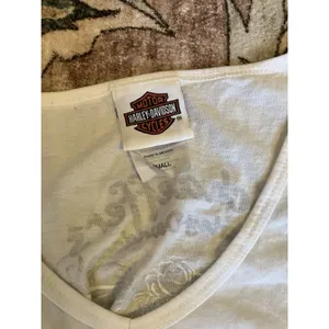 Harley Davidson White Tank Rhinestone Front Blue Trim Women's Small Schaefers PA thumbnail 5