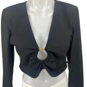 Zara Women's Black Long Sleeve Ring Deep V Neck Knit Blouse Crop Top Size M thumbnail 3