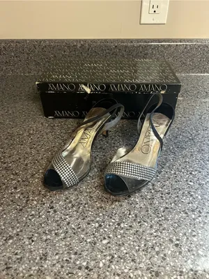 Vintage Amano Women's Silver Slingback Peep-Toe Heels with Crystal Accent thumbnail 3
