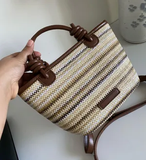Women’s stylish beige brown handwoven Straw Fabric Tote crossbody shoulder Bag thumbnail 4