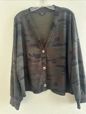 Social Standards Women's Camo Button-Front Cardigan - Olive Camo thumbnail 3