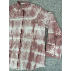 Zara Oversized XS Top Pink‎ White Tie Dye Button Down Long Sleeve Frayed Hem thumbnail 12
