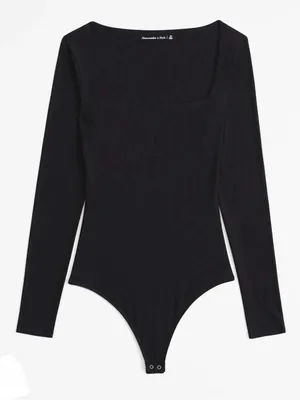 Abercrombie & Fitch Soft AF Long Sleeve Bodysuit XS Black Square Neck Thong thumbnail 2