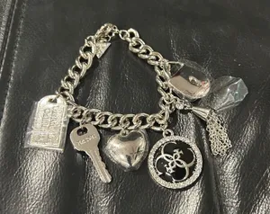 Guess Silver-Tone Charm Bracelet with Heart, Key & Medallion thumbnail 1