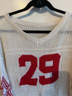 Off-Shoulder Cream Knit Sweater with Red Number Detail thumbnail 5