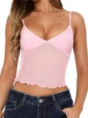 Source Unknown Pink Sheer Y2K Spaghetti Strap Crop Top Adjustable Spring Festival Small thumbnail 1