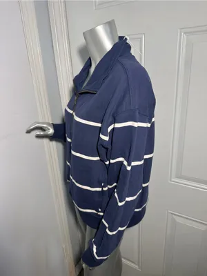 Marine Layer Cloud 9 Fleece Half Zip Sweatshirt NWT Size Large Navy Blue Stripe thumbnail 6