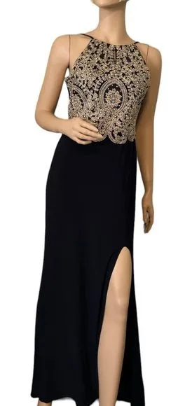 Blondie Nites Dress Juniors 11‎ Medium Black V-Neck Embellished Maxi Formal thumbnail 1