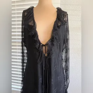 Whimsigoth Lace Overlay Mini Dress‎ Ruffle Plunge Neck Size 12 Bell Sleeves thumbnail 2