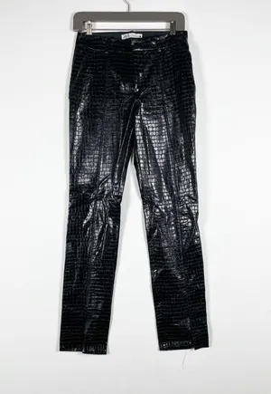 Zara Faux Vegan Leather Croc Embossed Mid Rise Straight Leg Trouser Pants Black thumbnail 1