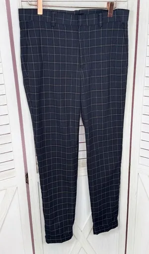 H&M Windowpane Plaid Cuff Hem‎ Skinny Fit Trouser Pants Blue Tan Size 29 thumbnail 1