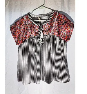 Savanna Jane Black & White Striped Embroidered Boho Peasant Top Size Medium thumbnail 1