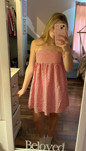 red gingham strapless dress thumbnail 1