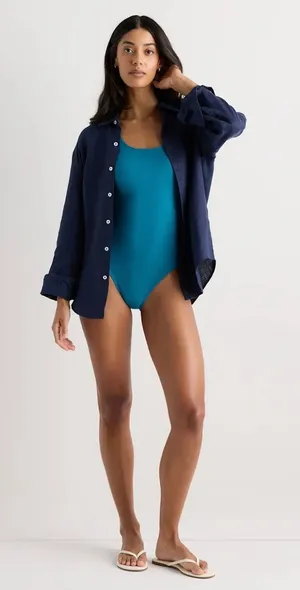 New Quince Italian Cross-Back One-Piece Swimsuit in Blue Size Medium MSRP $49.90 thumbnail 1