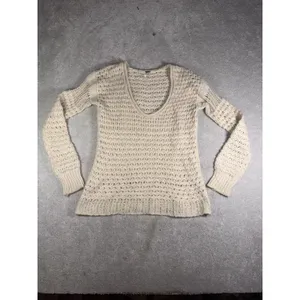 Free People Crashing Waves Scoop Neck Boho Sweater Ivory Wool Blend Chunky Small thumbnail 2