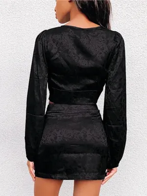 LULUS In a Mood Black Satin Jacquard Long Sleeve Crop Top Size XS thumbnail 2