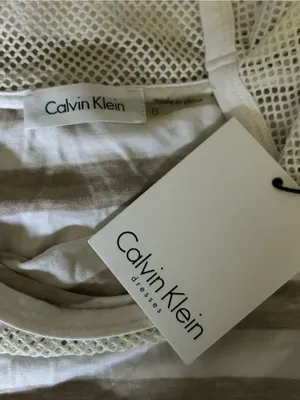 Calvin Klein Beige & White Striped Knit Dress with Mesh Yoke SZ 8 NWT thumbnail 10