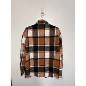 Womens Brown Plaid Button Down Shacket Oversized Flannel Shirt Jacket L thumbnail 2