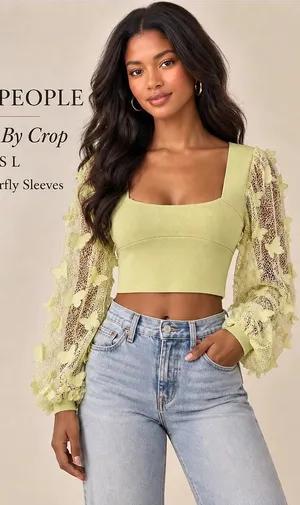 Free People Flutter By Crop Butterfly Sleeve Top Lemon L NWT thumbnail 1