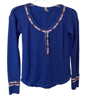Free People Royal Blue Rainbow Embroidered Henley Thermal Top‎ Boho Small thumbnail 1