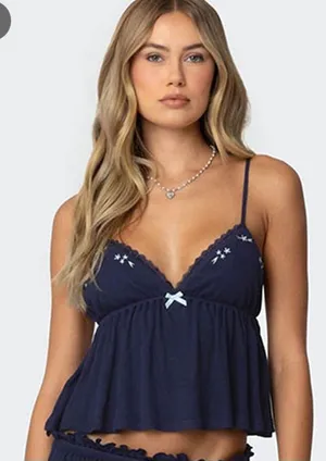 Edikted Navy Blue Dream Babydoll Waffle Crop Tank Top Size S thumbnail 1
