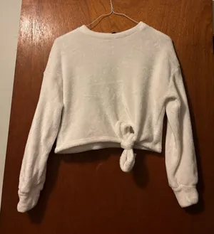 SHEIN XS White Tie-Front Fleece Pullover Sweatshirt thumbnail 1