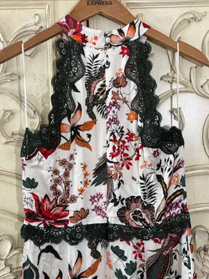 by Anthropologie Floral Lace-Trim Midi Dress in White with Red & Pink Blooms S-8 thumbnail 12